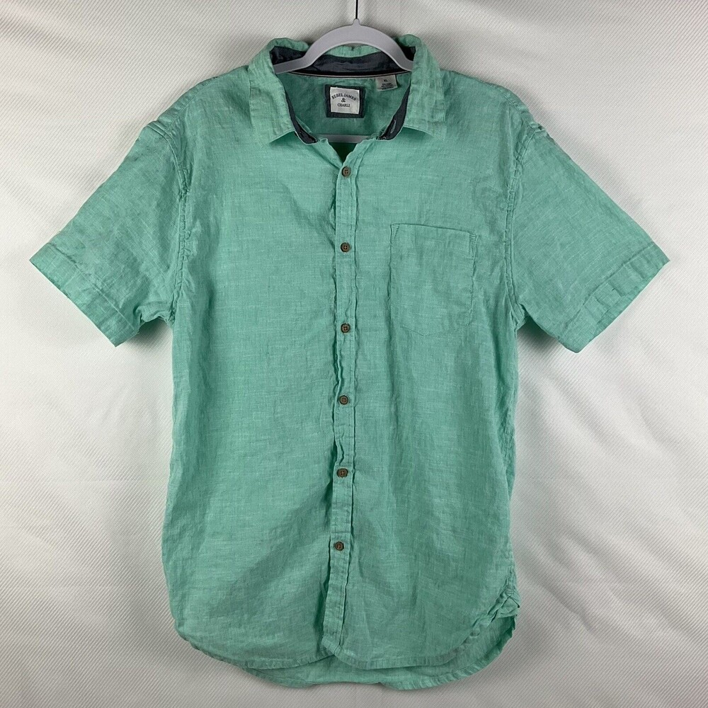 Rebel James & Charli XL Linen Blend Aqua Wood Buttons Spring Shirt Beach